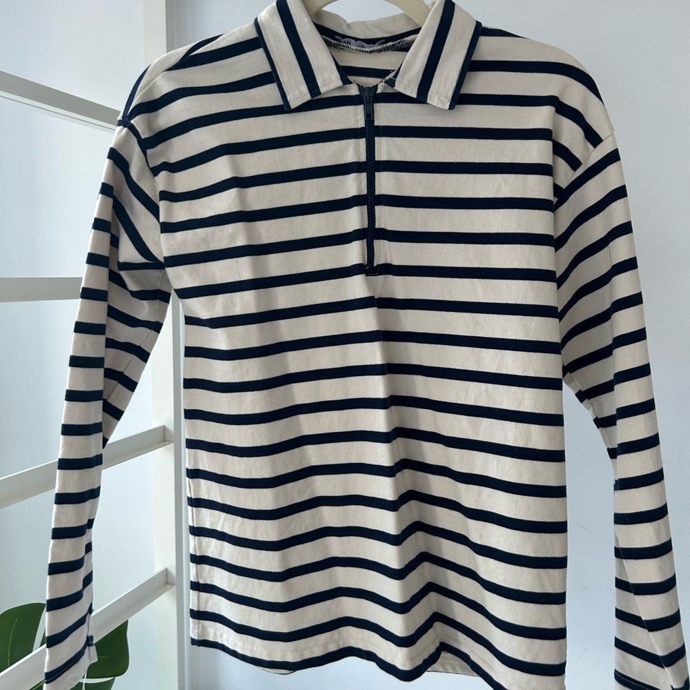 Zara navy blue and White cream Striped Polo Shirt